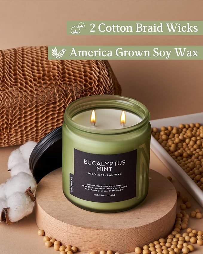 M&SENSE Eucalyptus & Mint Soy Candles for Home Scented, 11.6oz 70 Hour Burn Aromatherapy Candle Gift for Stress Relief, Meditation, Yoga, Relaxing SPA, Reusable Jar for Men and Women