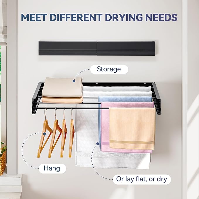 APEXCHASER Wall Mounted Clothes Drying Rack, Laundry Drying Rack Foldable, Towel Racks for Bathroom Balcony Laundry Room Wall Mounted, Collapsible Drying Rack for Clothing, 31.5", Black
