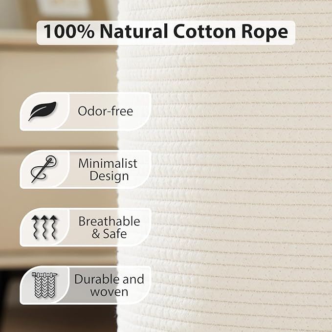 Fiona's magic Woven Rope Laundry Hamper, Tall Laundry Basket for Blanket Storage, Large Dirty Clothes Hamper for Toys, Decorative Baby Nursery Hamper for Bedroom, Living Room - White, 58L