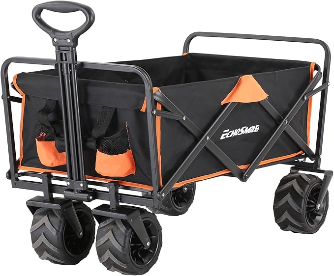 EchoSmile Heavy Duty 350 Lbs Capacity Collapsible Wagon, Outdoor Folding Camping Wagons, Grocery Portable Utility Cart, Adjustable Rolling Carts, All Terrain Sports Wagon with Big Wheels by Boahaus