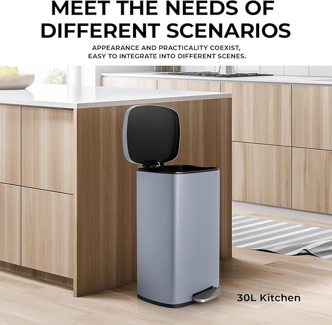 8 Gal Kitchen Trash Can, 30L Recycling or Garbage Bin, Brushed Stainless Steel Waste Basket, Soft&Quiet Close Dustbin, with Step-On Pedal, Removable Inner Bucket, for Home, Office, Living Room