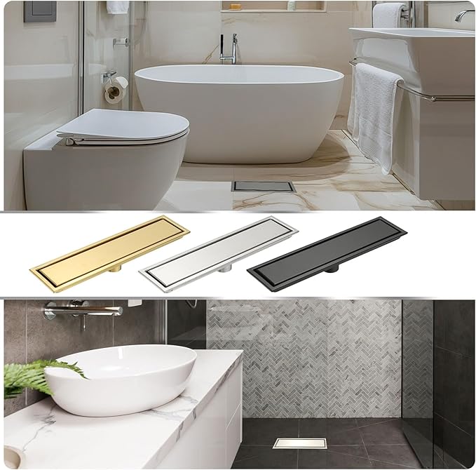 uxcell Rectangular Shower Drain, Brushed 304 Stainless Steel Odor-Proof Floor Drain Linear Shower Drain Hair Catcher for Bathroom Kitchen and Laundry Room(16 Inch, Black)