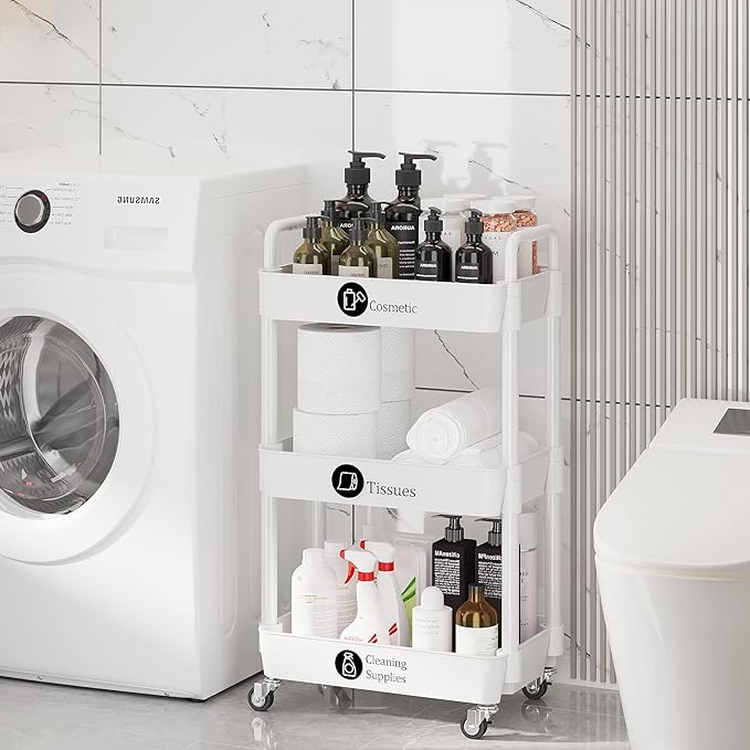 Laiensia 3-Tier Rolling Cart with Wheels,Multifunction Utility Storage carts, Kitchen Storage Organizer,Mobile Shelving Unit for Bathroom,Laundry,with Classified Stickers,White