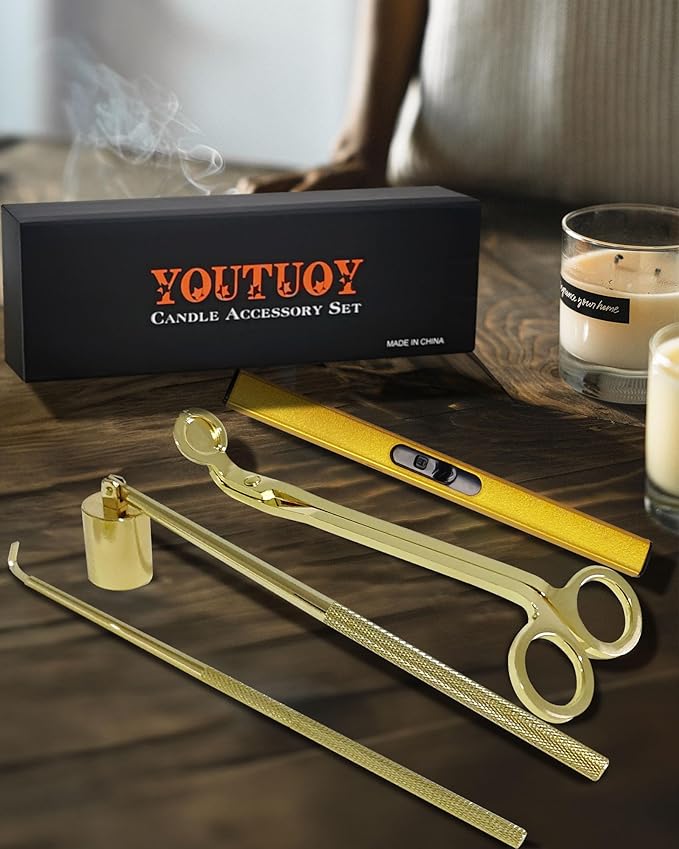 4 in1 Candle Accessory Set with Rechargeable Candle Lighter, Candle Wick Trimmer, Candle Wick Snuffer, Candle Wick Dipper, Candle Care Kit (Gold)