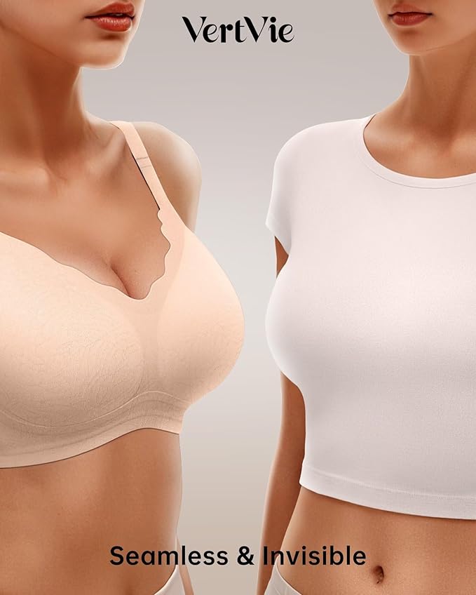 Vertvie Womens Seamless Bras No Underwire Supportive Wireless Push Up Full Coverage Bralette Comfort Scalloped T-Shirt Bra