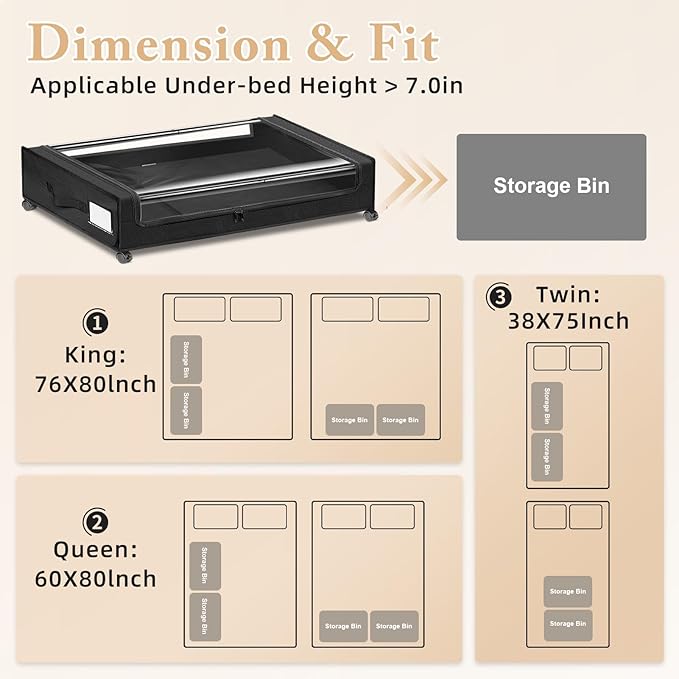 Under Bed Storage with Wheels 2-Pack，Under Bed Storage Containers XXL，Underbed Shoes Storage with Clear Lid,Rolling UnderBed Metal Drawer for Clothes Blankets Easy Pull-out Black