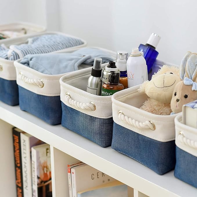 TcaFmac Organization and Storage Cubes - 12x8x5.2 inch Small 6 Pack Collapsible Storage Bins for Sheves, Fabric Storage Basket for Gifts Empty for Closet Cloth Toy Kids Books(White & Jean Blue)