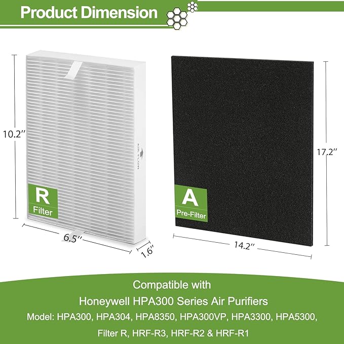 6 Pack HPA300 HEPA Filter Replacement for Honeywell Air Purifiers HPA300 Series, HPA300, HPA304, HPA8350, HPA300VP, HPA3300b, HPA5300, Replace HRF-R3, Pack of 6 HEPA R and 8 Pre filters A HRF-AP1