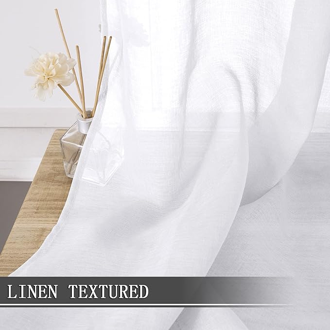 Tollpiz Short Sheer Curtain Living Room Linen Textured Curtains Sheer Light Filtering Voile Rod Pocket Curtain for Bedroom, 38 x 54 inches Long, White, Set of 2 Panels