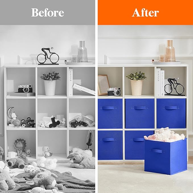 Lifewit Collapsible Fabric Storage Cubes Bins Set 11 Inch, Foldable Cubby Organizers Boxes, 6 Pack Organizing Baskets for Shelf, Closet, Utility Room, Storage Room Blue