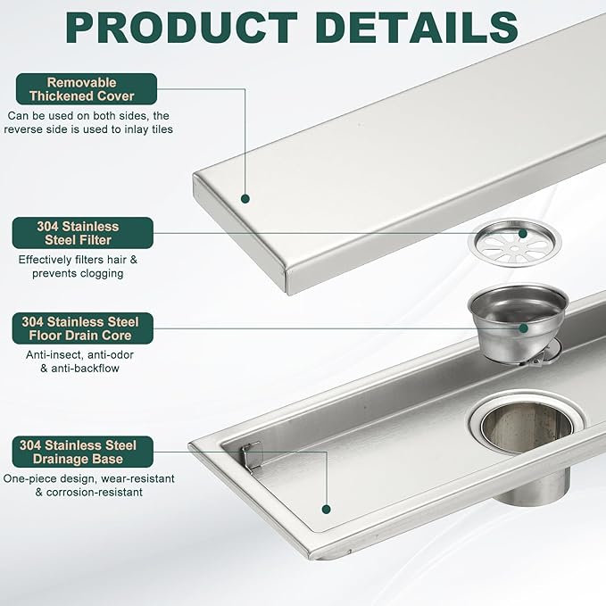 uxcell Rectangular Shower Drain, Brushed 304 Stainless Steel Odor-Proof Floor Drain Linear Shower Drain Hair Catcher for Bathroom Kitchen and Laundry Room(12 Inch, Brushed Silver)