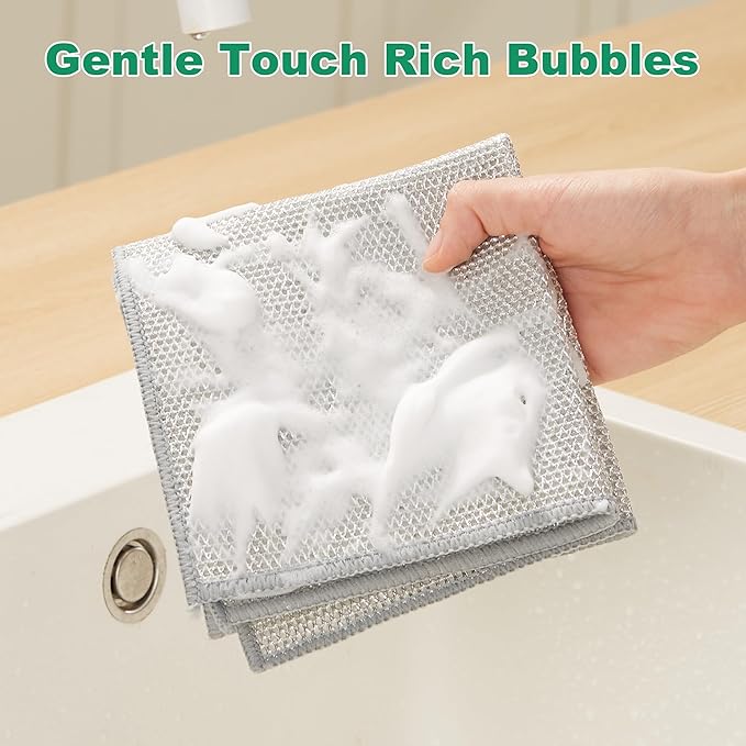 JOYMOOP Multipurpose Non-Scratch Silver Fiber Dishwashing Cloths, Reusable Cleaning Rags, Scrubbing Pads for Dishes, Glass, Stainless Steel - 5 Pack