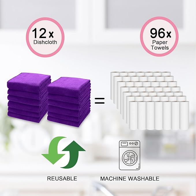 kimteny 13x28 Inches Kitchen Cloth Dish Towels, 400 GSM Premium Dishcloths, Super Absorbent Coral Velvet Microfiber Cleaning Cloths, Fast Drying Rags for Washing Dishes (12 Pack, Purple)