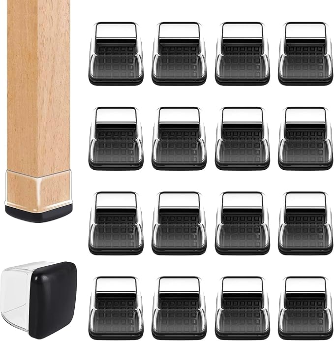 Ezprotekt 24 Pcs Chair Leg Sliders for Carpet, Square Clear Chair Glides Teflon Furniture Pads, Bar Stool Leg Protectors Caps for Rug - for Dining Table, Couch, Patio Legs (M Fit: 0.75" - 1")