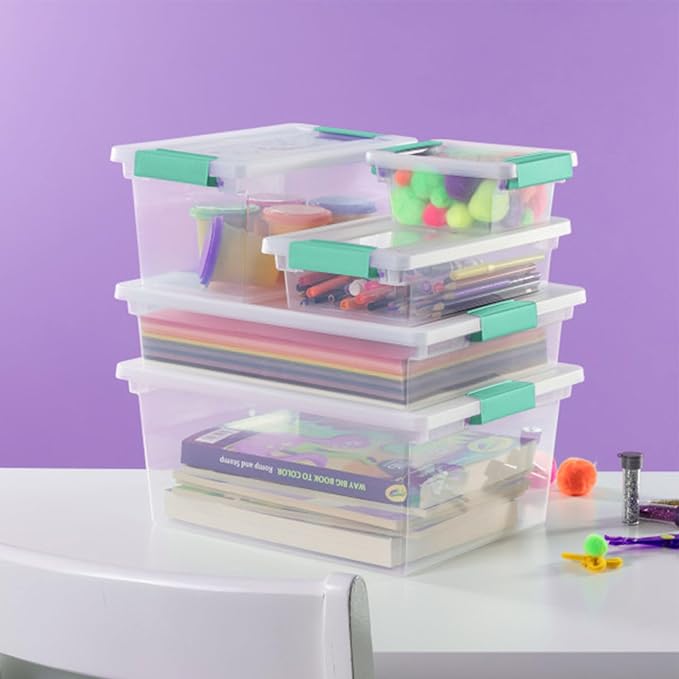 Sterilite 12-Pack Clip Box, Stackable Clear Plastic Bins with Latching Lids, Small - Writing, Arts or Crafts Supplies Storage Containers for Home, Office, Classroom and Workshop Organization