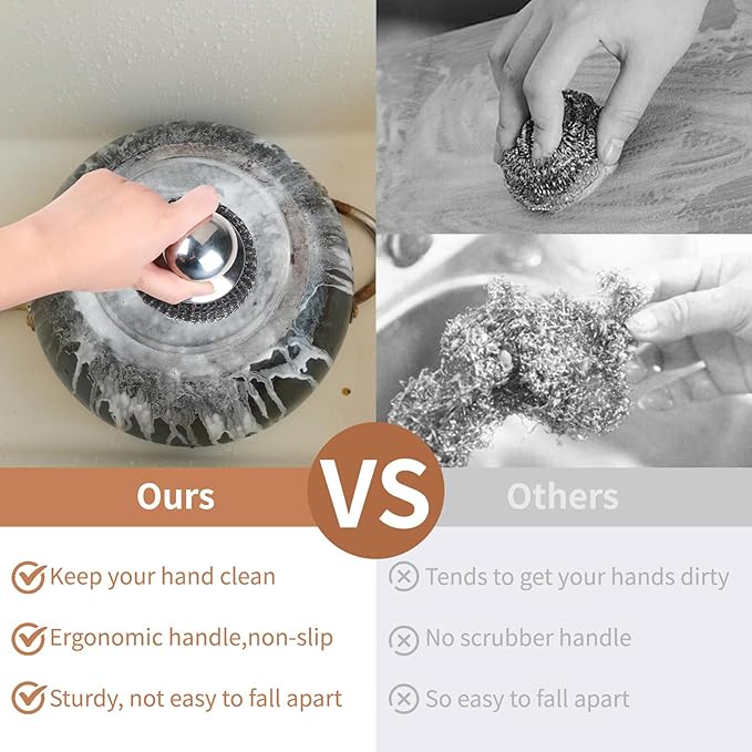4pcs Steel Wool Scrubber with Replacement Wire Sponge Pads Set, Stainless Steel Scrubber with Handle for Scouring Stubborn Messes from Cast Iron, Pots, Pans, Grill, Stoves, Sink(2 Scrubber+2 Pads)