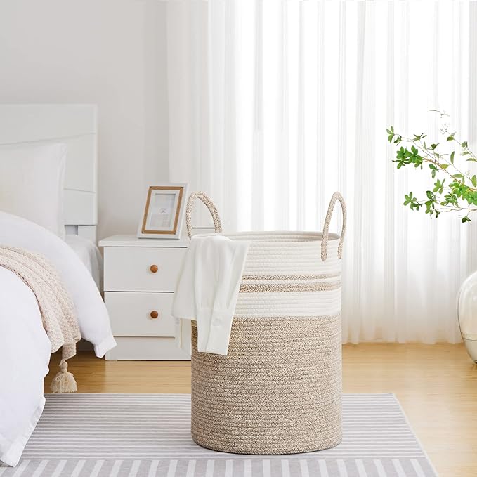 VIPOSCO Large Laundry Hamper, Tall Woven Rope Storage Basket for Blanket, Toys, Dirty Clothes in Living Room, Bathroom, Bedroom - 100L Brown & White