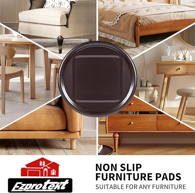 Ezprotekt 4 inch Round Non Slip Furniture Pads for Hardwood & Tile Floors, 16 Pcs Non Skid Furniture Coasters Cups Floor Protectors for Bed, Sofa, Table, Chair, Cabinet, Brown/Black