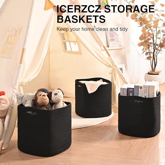 11 Inch Cube Storage Bins, Storage Cube Organizer Bins, Woven Cotton Rope Basket for Storage, Storage Baskets for Organizing Shelves, Square Baskets for Toys, Black (Pack of 3)