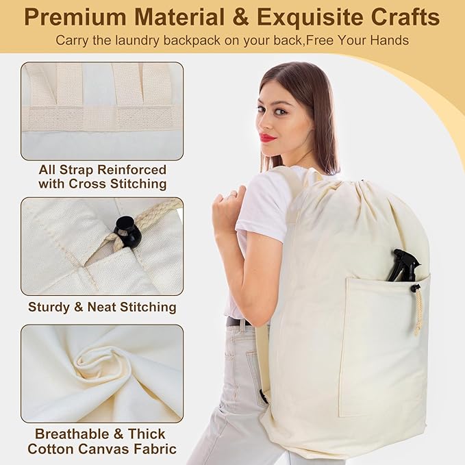 Laundry Bag Backpack, Canvas Laundry Bag with Straps & Drawstring Closure Washable Dirty Cloth Hamper Bag with Large Front Pocket for College, Travel, Laundromat, Camping (Beige)