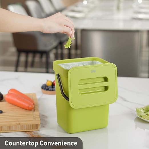 EKO Puro Wall-Mounted Trash Can with Lid, 1.32 Gal / 5L Hanging Trash Can, Small Kitchen Compost Bin for Counter Top, Mini Food Waste Bin (Green)