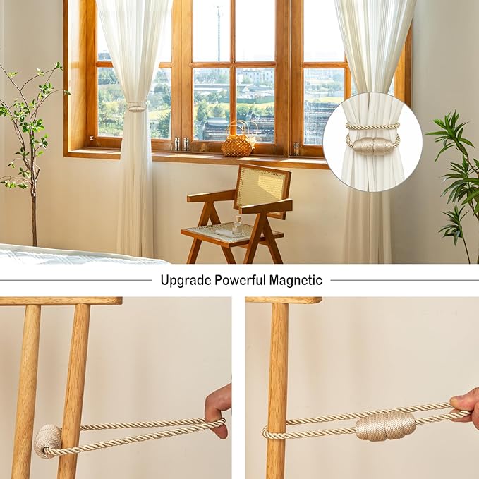 Magnetic Curtain Tiebacks - Rope Tiebacks for Curtains & Drapes, Decorative Window Holdbacks (6 Pack, Beige)