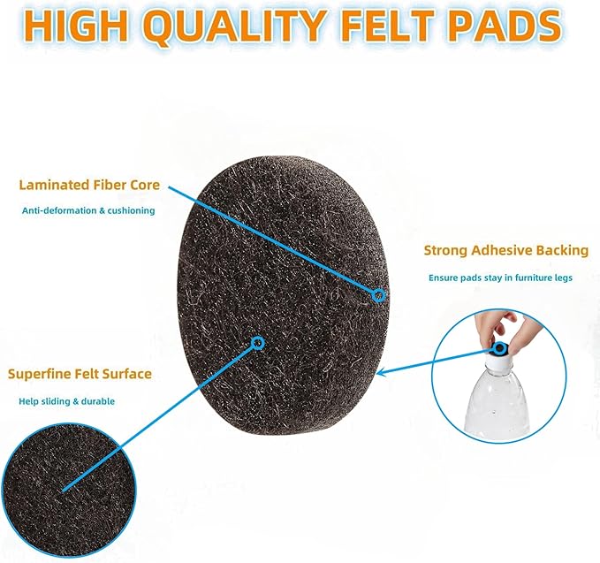Furnigear Felt Furniture Pads for Hardwood Floors - Self Adhesive Chair Felt Pad, Floor Protector for Furniture Feet, Furniture Sliders Moving Furniture Smoothly, Anti Scratch 108 Pcs 1" Round Brown