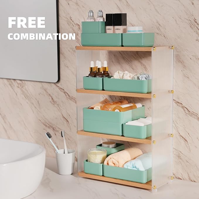 11-Piece Stackable Drawer Organizer Set, Multi-size Desk Drawer Organizer Trays Vanity Storage Bins for Storing Makeup, Stationery, Utensils in Bathroom Dresser, Office and Kitchen