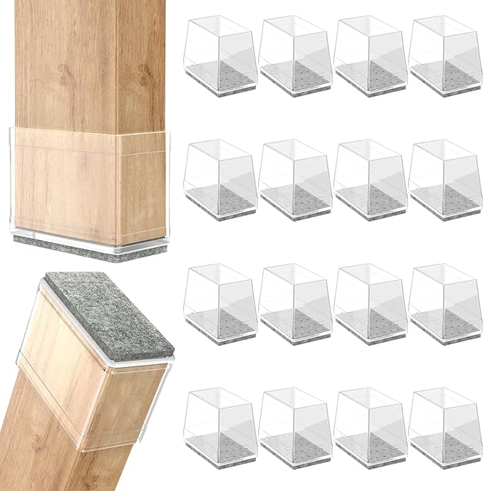 Rectangle Chair Leg Protectors for Hardwood Floors,16 PCS Silicone Covers to Protect Wood Tile Floors Felt Pads Furniture Leg Caps Reduce Noise. Easy to Move. (Clear,0.5 x 1.5 Inch, Rectangular)