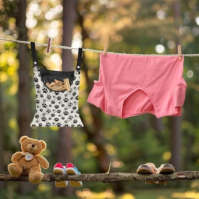 Dog Paw Print Clothespin Bag with Hanging Hook Summer Laundry Clothes Pin Holder Waterproof Clothes Pin Hanging Bag Clothespin Storage Organizer with Large Opening