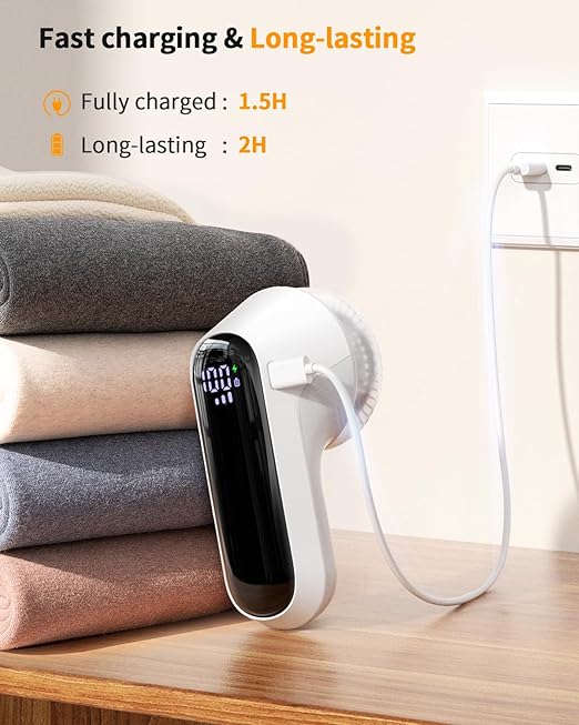 Fabric Shaver, Rechargeable Lint Shaver with Digital Display, Electric Portable Sweater Shaver with 6-Leaf Blades and Safety Lock, 3-Speeds Lint Remover to Remove Pilling for Clothes, Furniture White
