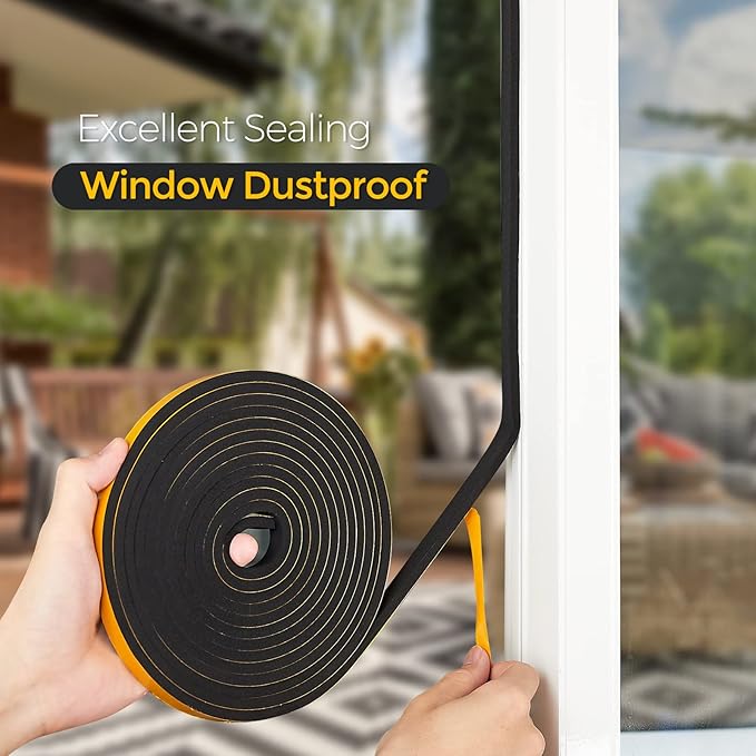 33 Feet Weather Stripping Door Seal, 1" Wide X 1/8" Thick Door Seal Strip High Density Foam Tape Adhesive Strip for Door Soundproofing,Window Insulation (1" x 1/8" x 33FT,Black)