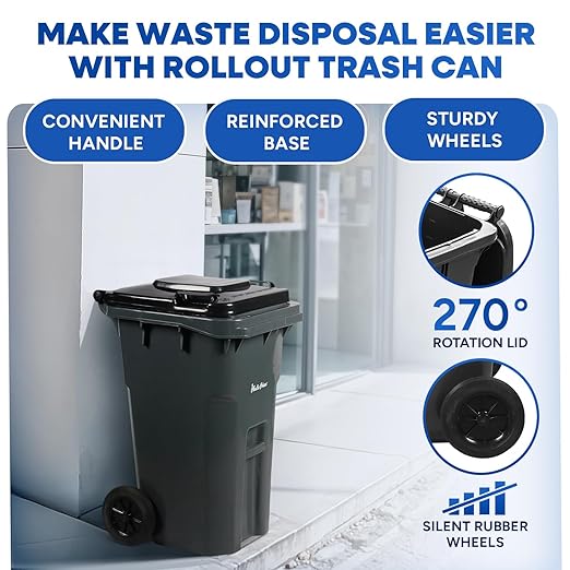 27 Gallon Trash Can with Wheels Plastic Rollout Outdoor Trash Can with Lid Outside Garbage Can with Wheels and Lid Commercial Heavy-Duty Container, Gray
