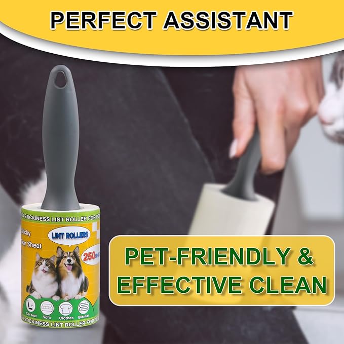 Extra Sticky Lint Rollers for Pet Hair, 250 Sheets, Lint Remover for Dog Cat Hair Removal, Animal Fur, Fuzz, Couch, Clothes Furniture and Carpet Travel-Friendly Grip Handle (1, White)