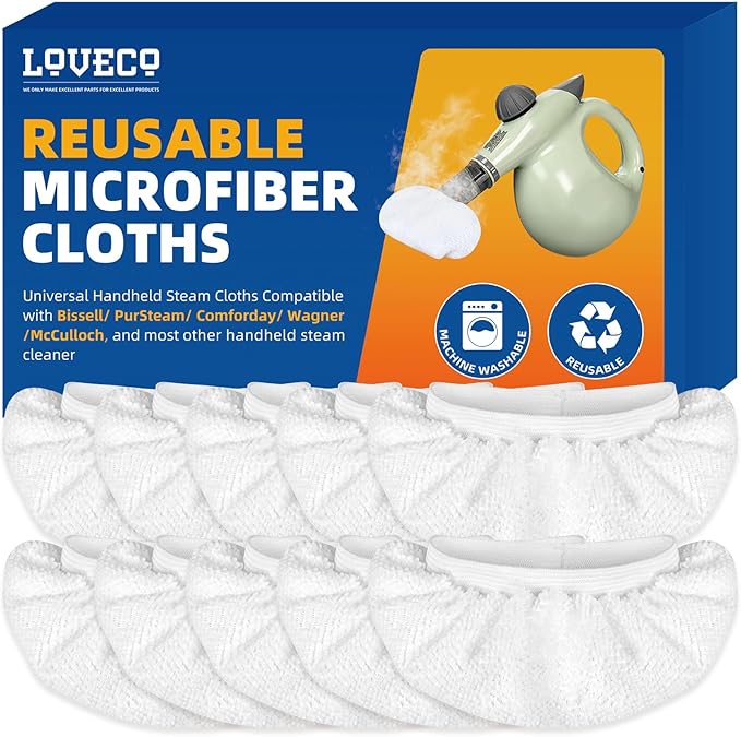 LOVECO 10 Pack Universal Microfiber Cloths for Handheld Steam Cleaner - Compatible with Bissell Steam Shot, Comforday, PurSteam, etc - Reusable Washable Microfiber Rags