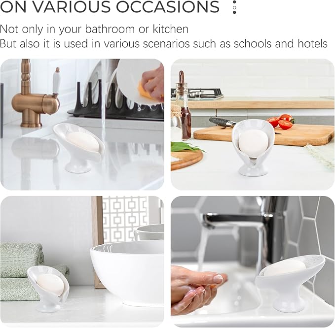 Soap Dish Set, Self Draining Bar Soap Holder for Bathroom Sink, Leaf Shaped Drainage Soap Dish Ceramic Marble Porcelain Decorative Soap Dishes 2PCS, No Suction Cup, ANTIS'S HOME