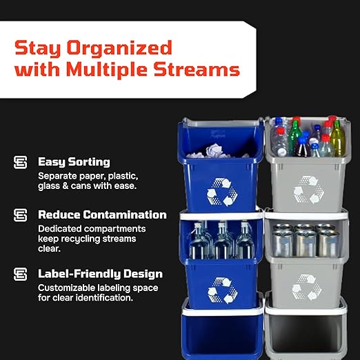 Multi Bin Recycling System with Three Stackable 6 Gallon Recycle Bins to Build Your Recycling Center for Offices, Kitchen, Garages, Businesses - (3 Pack, Blue/Yellow/Green)