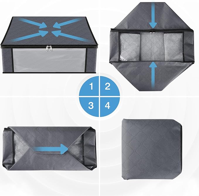 HomeHacks 6-Pack Clothes Organizer Storage Bags Foldable Storage Box with Large Clear Window Sturdy Handles for Closet, Dorm, Pillows, Bedding, Clothes, Stuffed Toys, Blankets, 35L, Grey