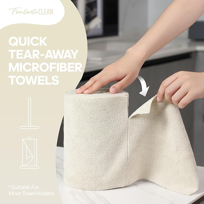 Fantasticlean Microfiber Cleaning Cloth Roll 4 Rolls 240 Pack, Tear Away Paperless Towels, 8" x 8", Reusable Washable Rags, Home Kitchen, Pet, Office, Indoor Outdoor, Compact and Portable (Off-White)
