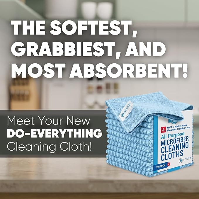 12" x 12" MW Pro Multi-Surface Microfiber Cleaning Cloths | Blue - 12 Pack | Premium Microfiber Towels for Cleaning Glass, Kitchens, Bathrooms, Automotive, Supplies & Products