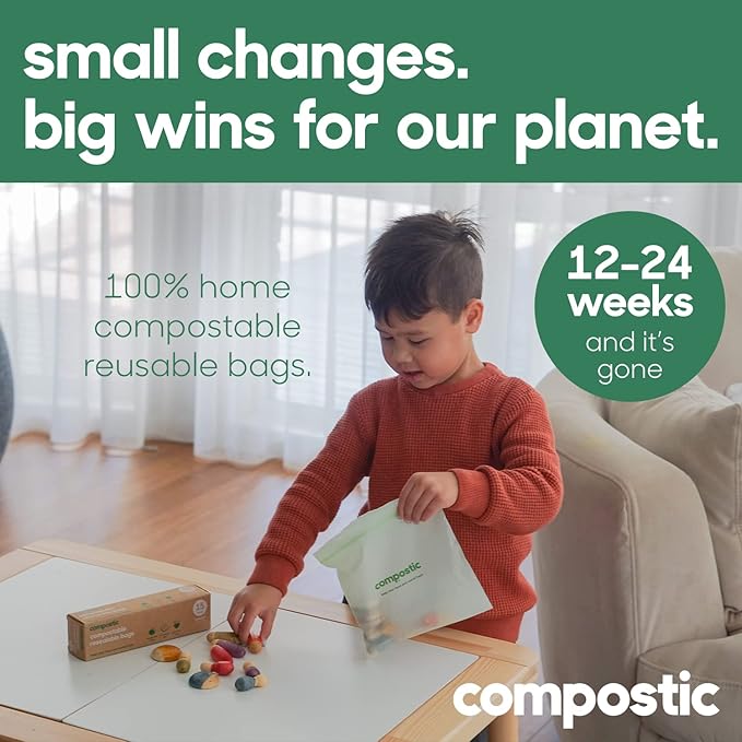 Compostic Home Compostable Resealable Sandwich Bags (7"x7"), Microwave & Freezer Safe, Organic Food Storage Container, 100 Count (Pack of 1)