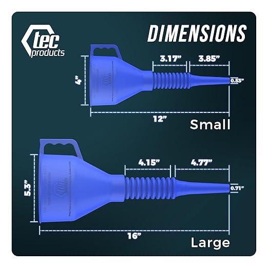 TEC Products FlexAll Long Flexible Funnel for Automotive Use - Durable Nitrile Rubber - Ideal for Car Oil Change, Transmission Funnel Fluid, Diesel, Fuel, Gas - Made in USA - Blue (12 x 4 Inches)
