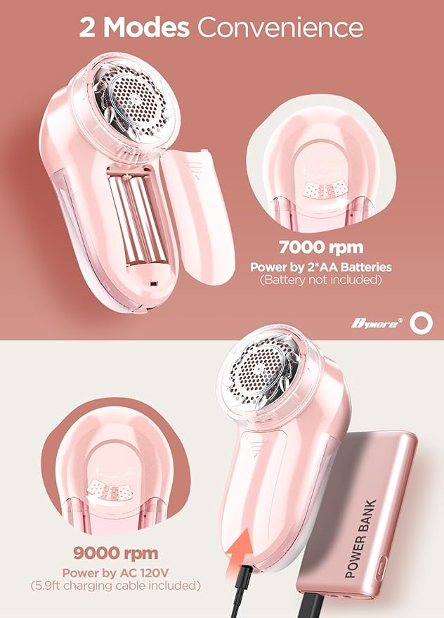 Fabric Shaver, Lint Remover, Bymore Lint Shaver Defuzzer Sweater Shaver for Clothes and Furniture AC Adapter or Battery Operated Pill Fuzz Remover (Pink)