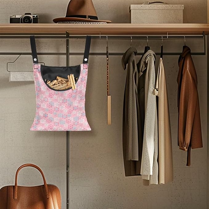 Clothes Pin Hanging Bag, Clothes Pins Bag Holder Outdoor 4.Stylish Clothespin Bag with Hanging Rope for Clothes Pin and Clothespin - Flower Pink