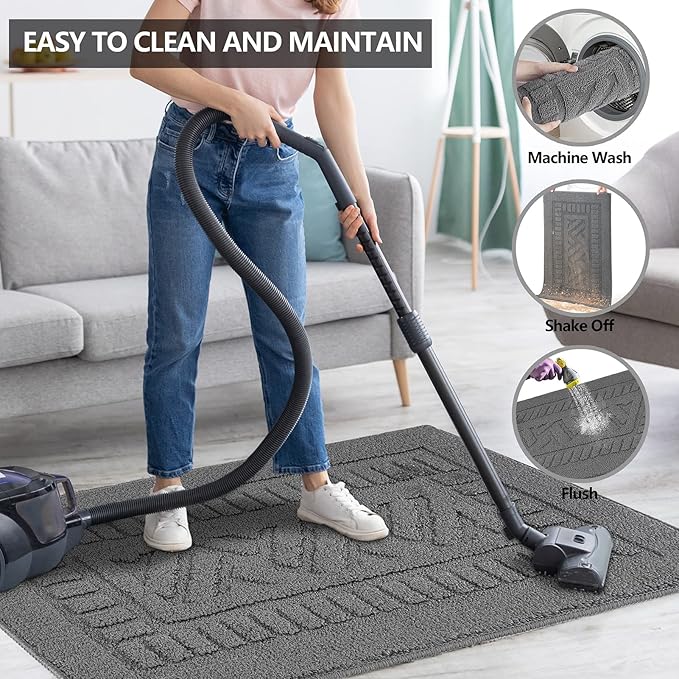 FONEYI Indoor Doormat, Front Back Door Mat Rubber Backing Non Slip Door Mats, 32"x48" Low-Profile Absorbent Resist Dirt Entryway Doormat Inside Floor Mats Entrance Washable, Entry Doormats, Grey