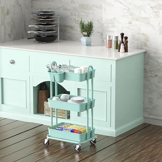 Simple Houseware 3-Tier Multifunctional Rolling Utility Cart with Hanging Bucket, Turquoise