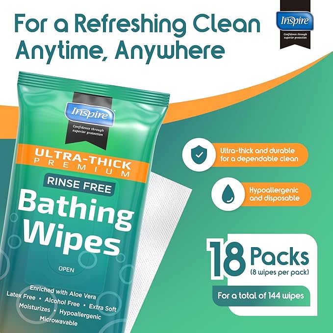 Inspire Ultra Thick Rinse Free Body Wipes, Bathing Wipes, Rinse Free Wet Wipes, Thick Strong Extra Large With Aloe Vera Enriched