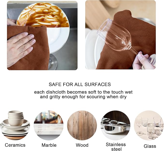 kimteny 13x28 Inches Kitchen Cloth Dish Towels, 400 GSM Premium Dishcloths, Super Absorbent Coral Velvet Microfiber Cleaning Cloths, Fast Drying Rags for Washing Dishes (6 Pack, Brown)