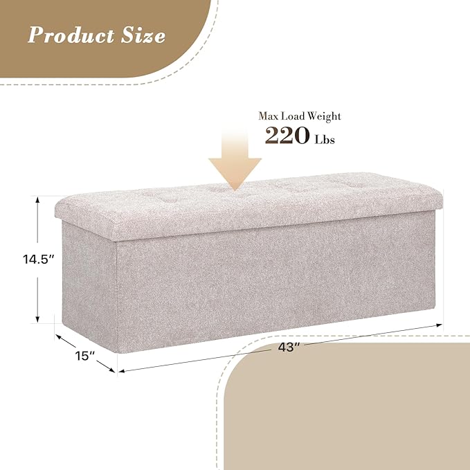 Athena Collection 43" Storage Ottoman Bench Folding Bench with 130L Hidden Storage, Large End of Bed Bench Linen Foot Rest Stool Chest with Flipping Lid for Living Room Bedroom Entryway, Sandy Beige