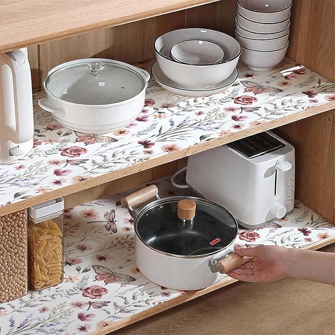Shelf and Drawer Liner for Kitchen Cabinets, Non-Adhesive and Strong Non-Slip Floral Shelf Cabinet Drawer Liners for Kitchen, Waterproof Cupboard Liners,Easy to Clean,12IN x 10FT